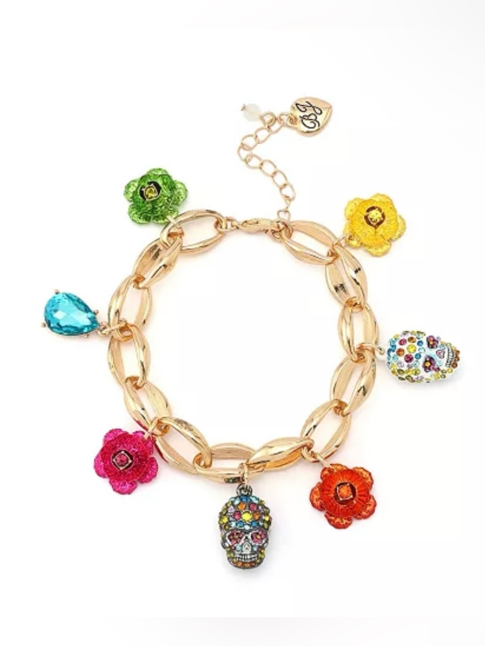 NWT Betsey Johnson Day of the Dead Sugar Skull Flower Charm Bracelet Gold Tone